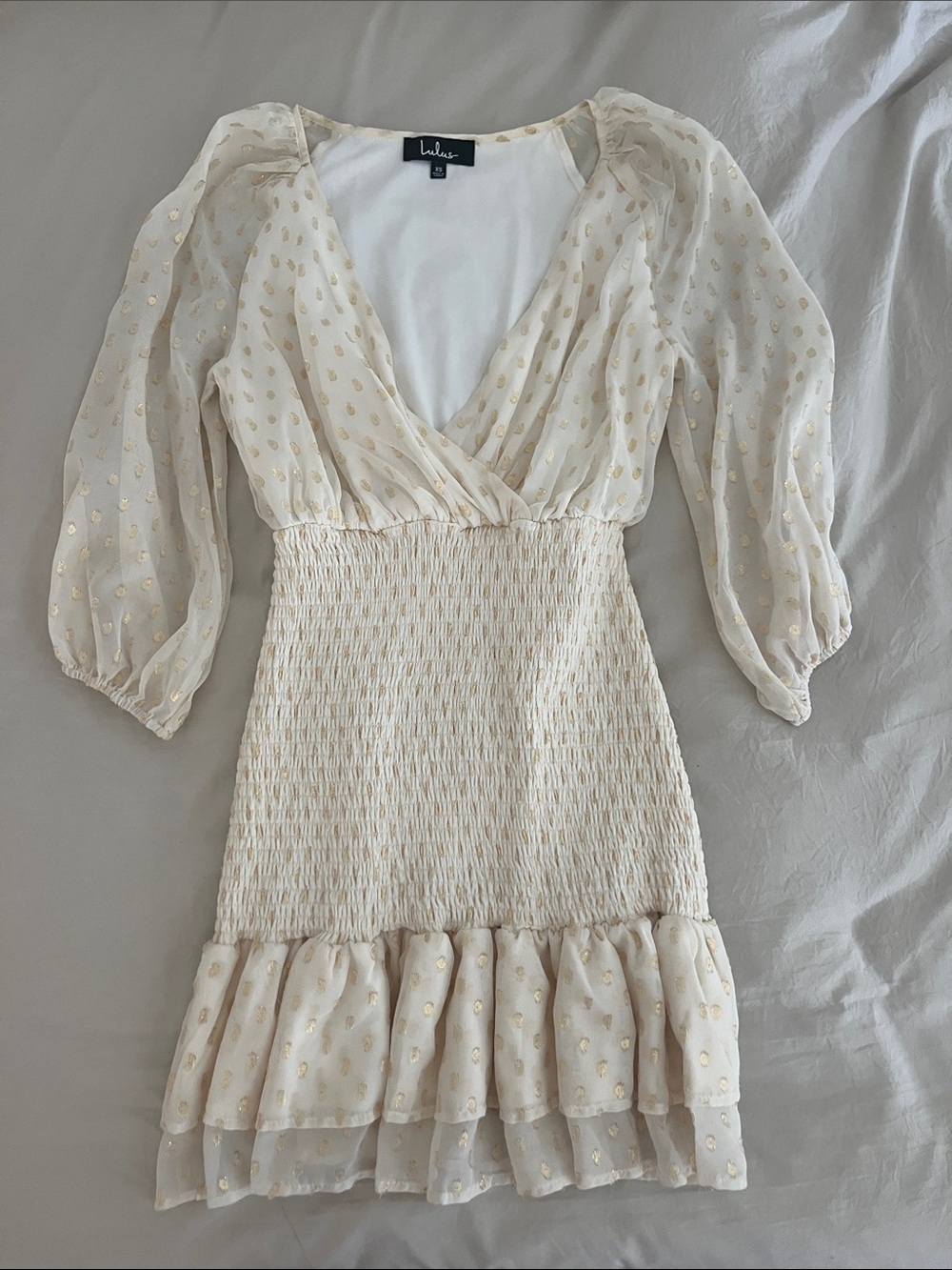 Lulu's Cream Ruched Dress with Gold Dot Accents